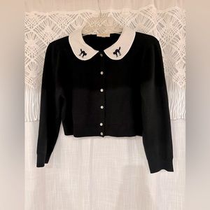Cropped Cardigan with Peter Pan Collar and Black Cats